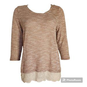 ANN TAYLOR LOFT Brown‎ White 3/4 Sleeve Lace Detail Sweater Womens Size L Large